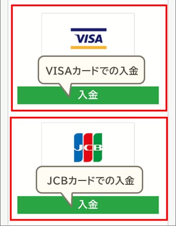 XM入金方法選択画面VISA・JCBモバイル版