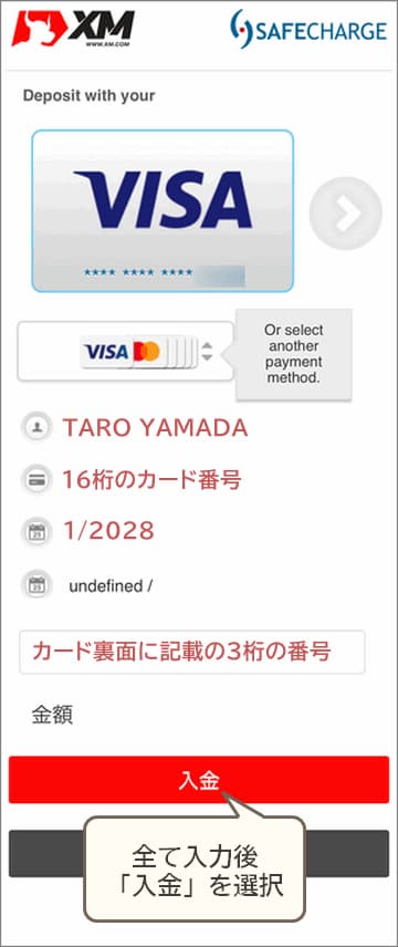 VISAカード入金カード情報入力画面